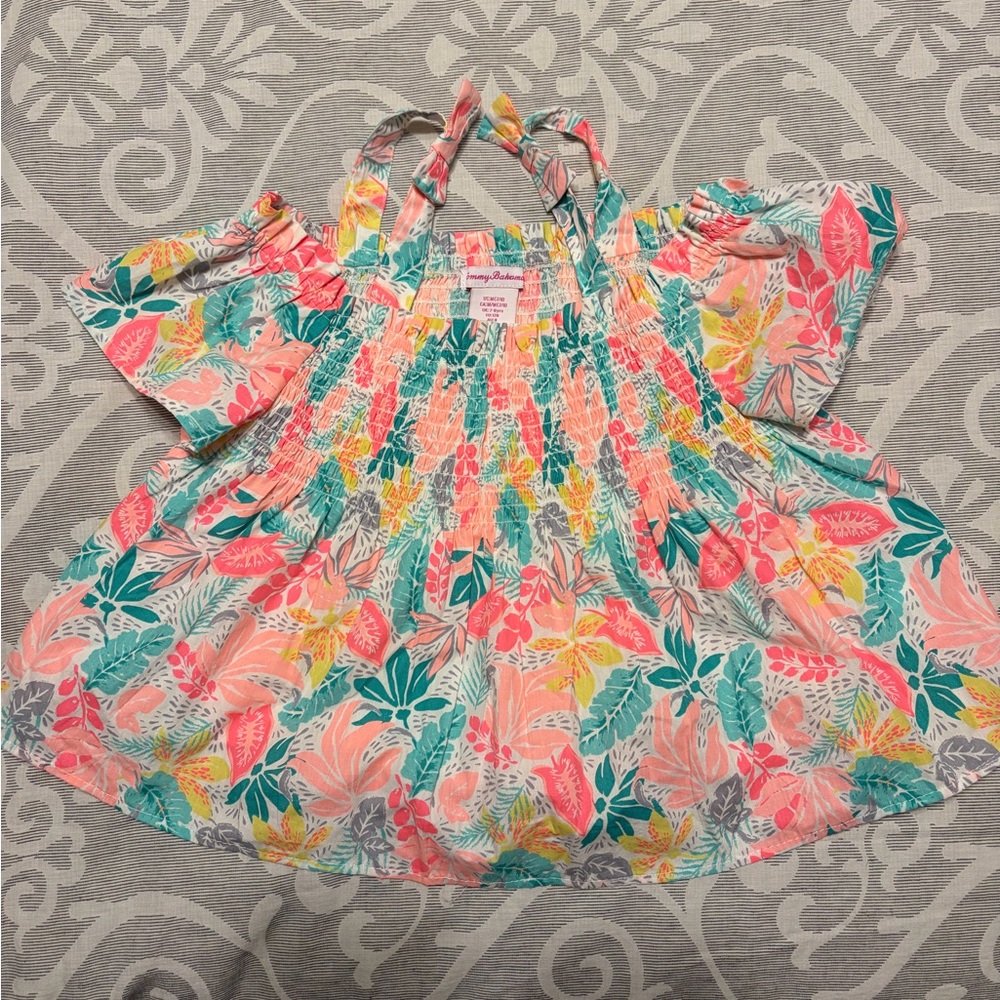 Tommy Bahama Girls 7/8 Tropical Floral Cold-Shoulder Top in Coral & Teal